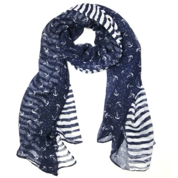 Blue and white beachy coastal nautical scarf with anchors and stripes - Picture 1 of 4